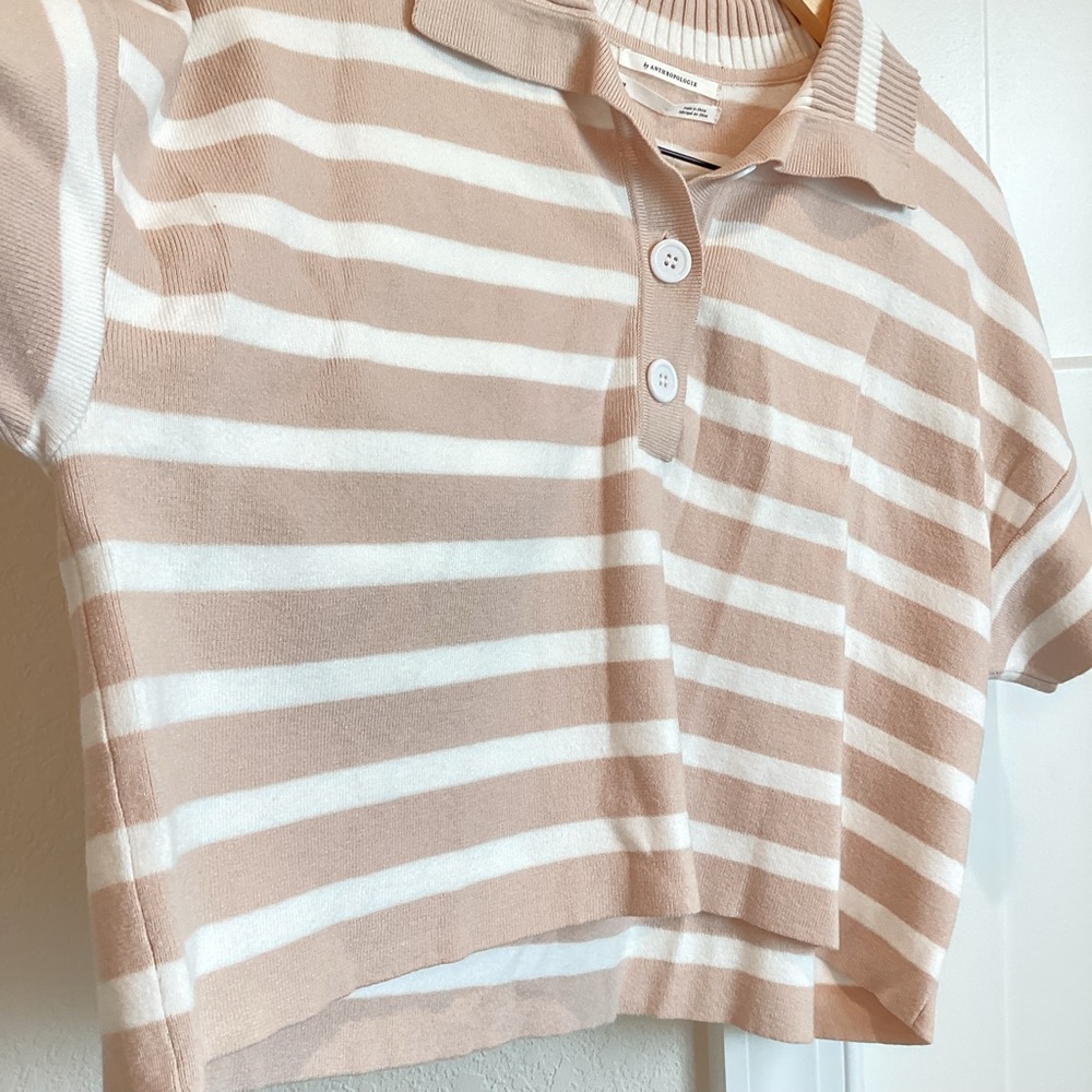 Anthropologie Collared Short Sleeve Sweater Tee Striped Tan White Medium NEW - Picture 7 of 12